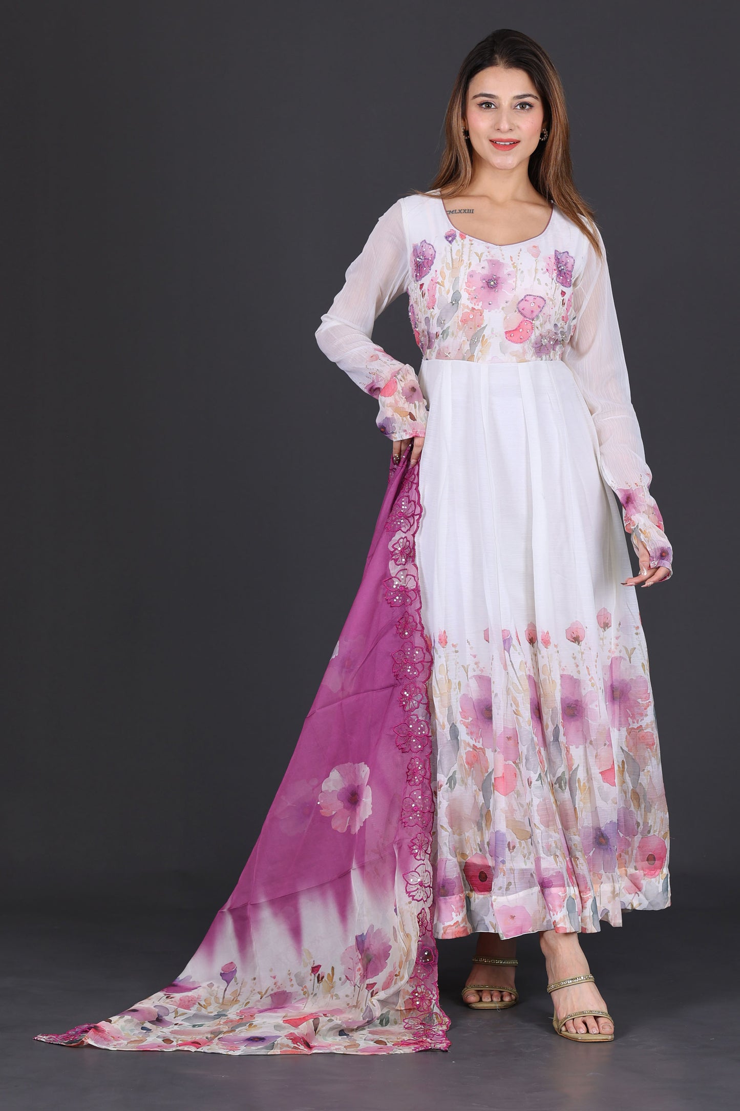 White & Lavender Floral Anarkali Suit with Embroidered Magenta Dupatta