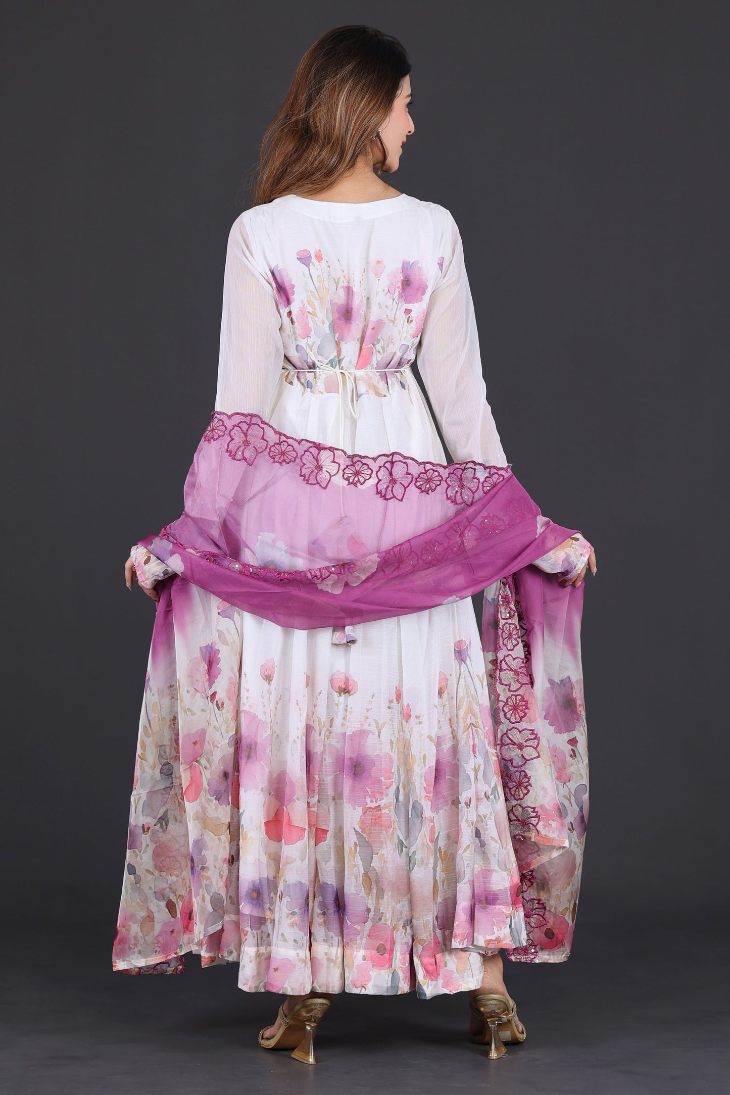 White & Lavender Floral Anarkali Suit with Embroidered Magenta Dupatta