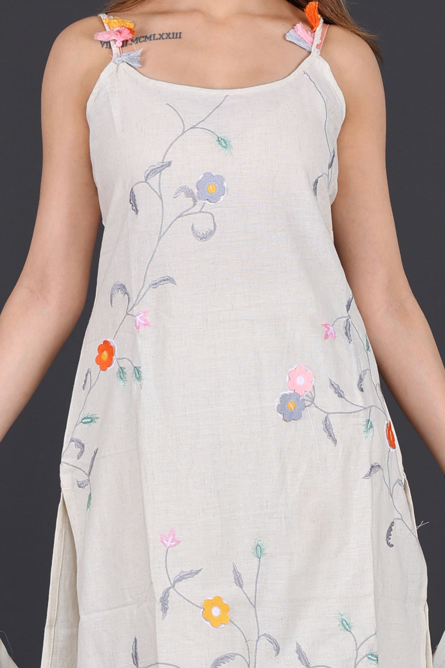 Off-White Hand-Embroidered Cotton Suit Set with Dupatta