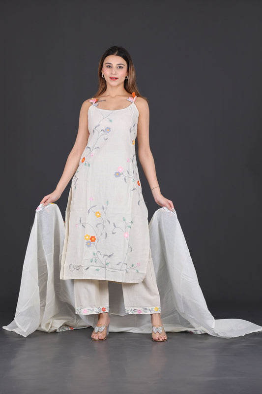 Off-White Hand-Embroidered Cotton Suit Set with Dupatta
