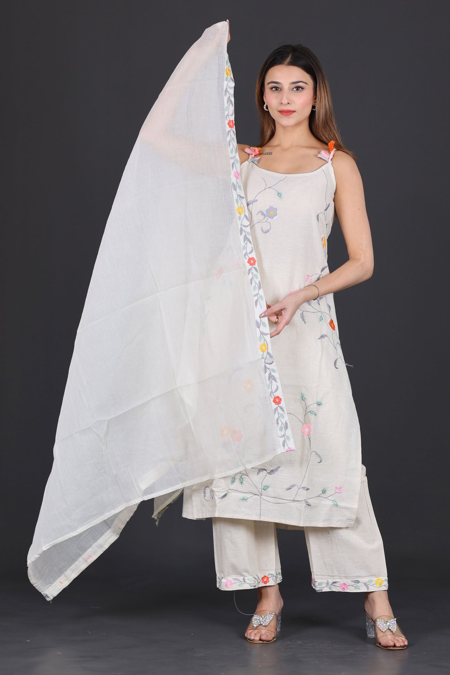 Off-White Hand-Embroidered Cotton Suit Set with Dupatta
