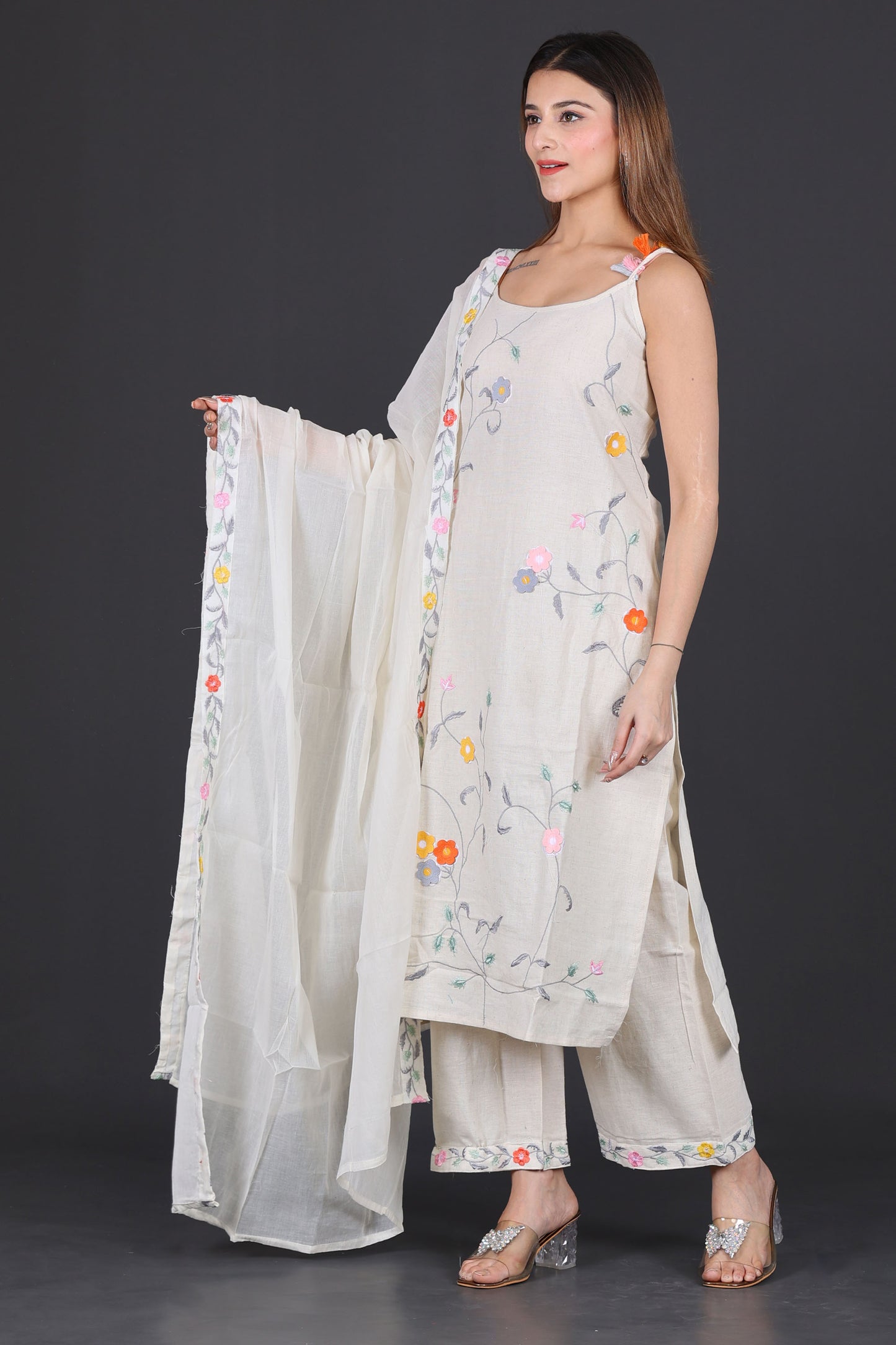 Off-White Hand-Embroidered Cotton Suit Set with Dupatta