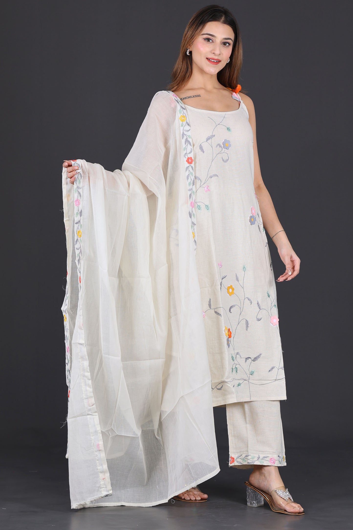 Off-White Hand-Embroidered Cotton Suit Set with Dupatta