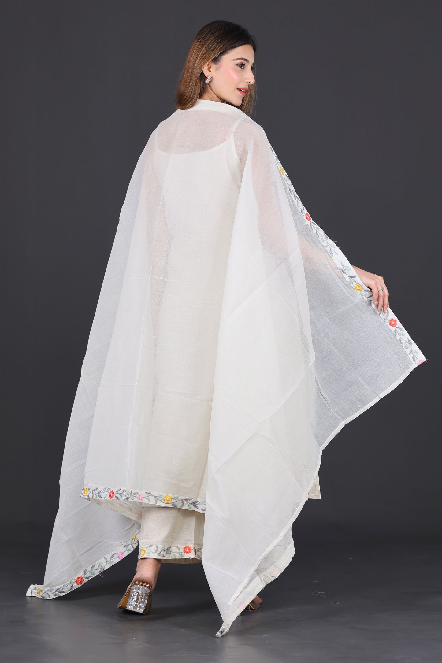 Off-White Hand-Embroidered Cotton Suit Set with Dupatta