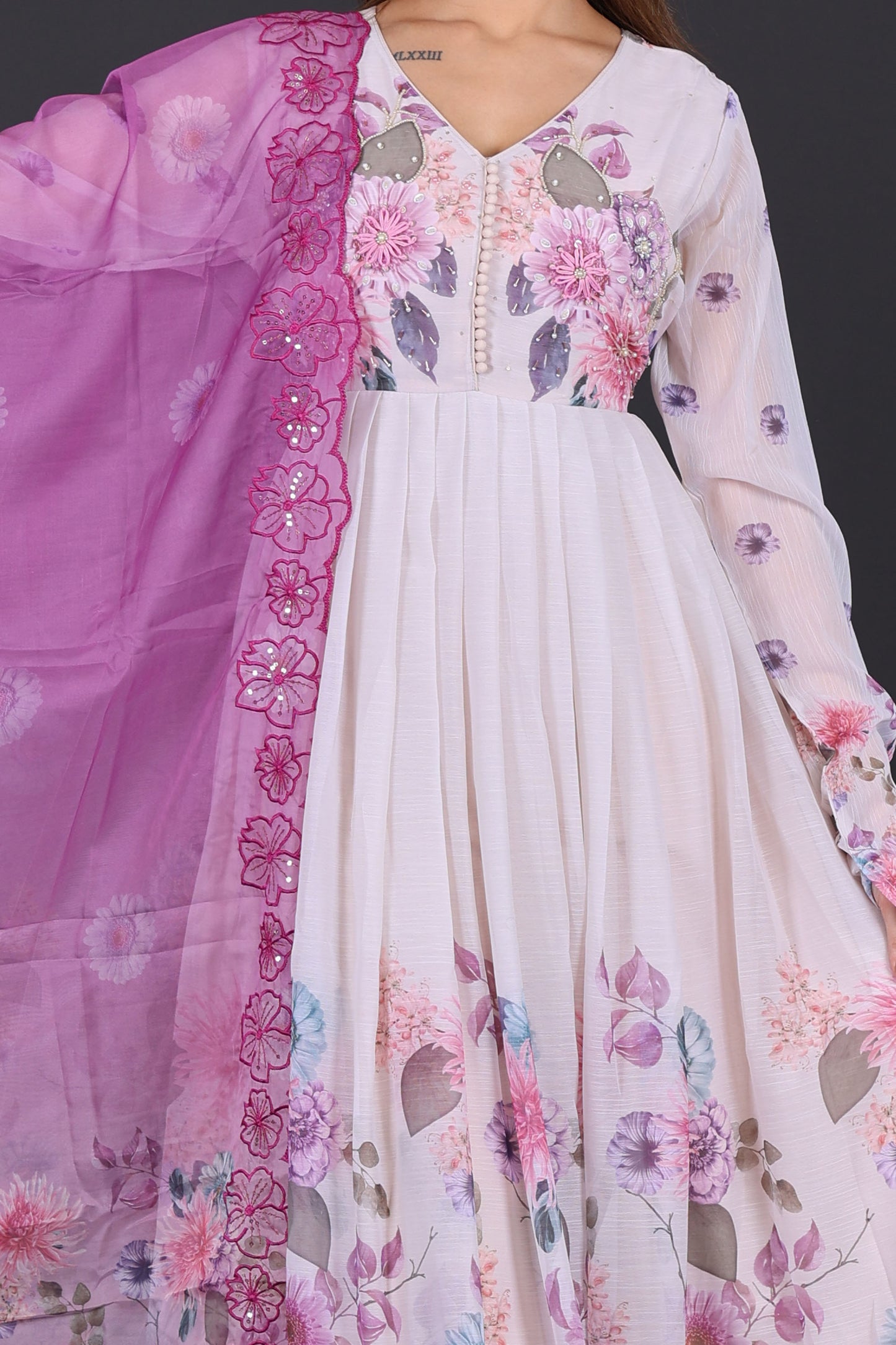 White &amp; Lavender Floral Anarkali Suit with Embroidered Magenta Dupatta