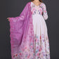 White &amp; Lavender Floral Anarkali Suit with Embroidered Magenta Dupatta