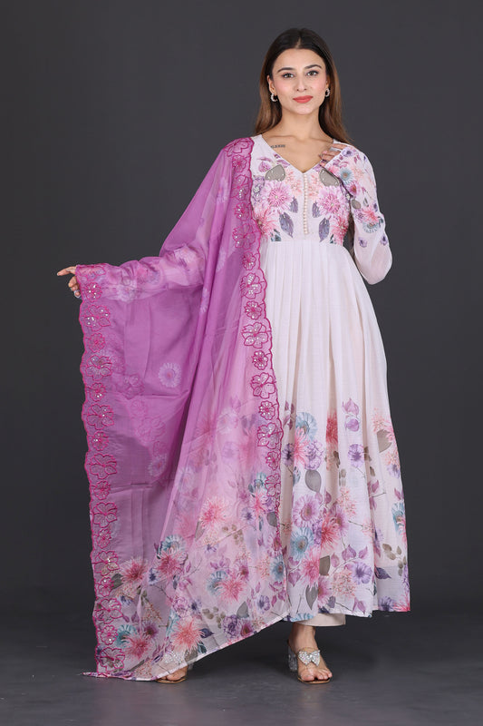 White &amp; Lavender Floral Anarkali Suit with Embroidered Magenta Dupatta