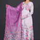 White &amp; Lavender Floral Anarkali Suit with Embroidered Magenta Dupatta