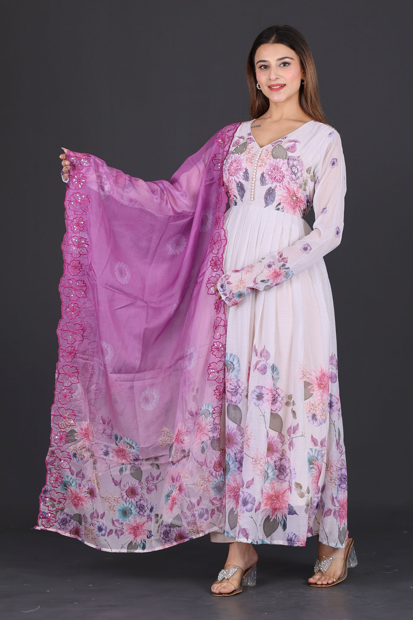 White &amp; Lavender Floral Anarkali Suit with Embroidered Magenta Dupatta
