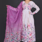 White &amp; Lavender Floral Anarkali Suit with Embroidered Magenta Dupatta