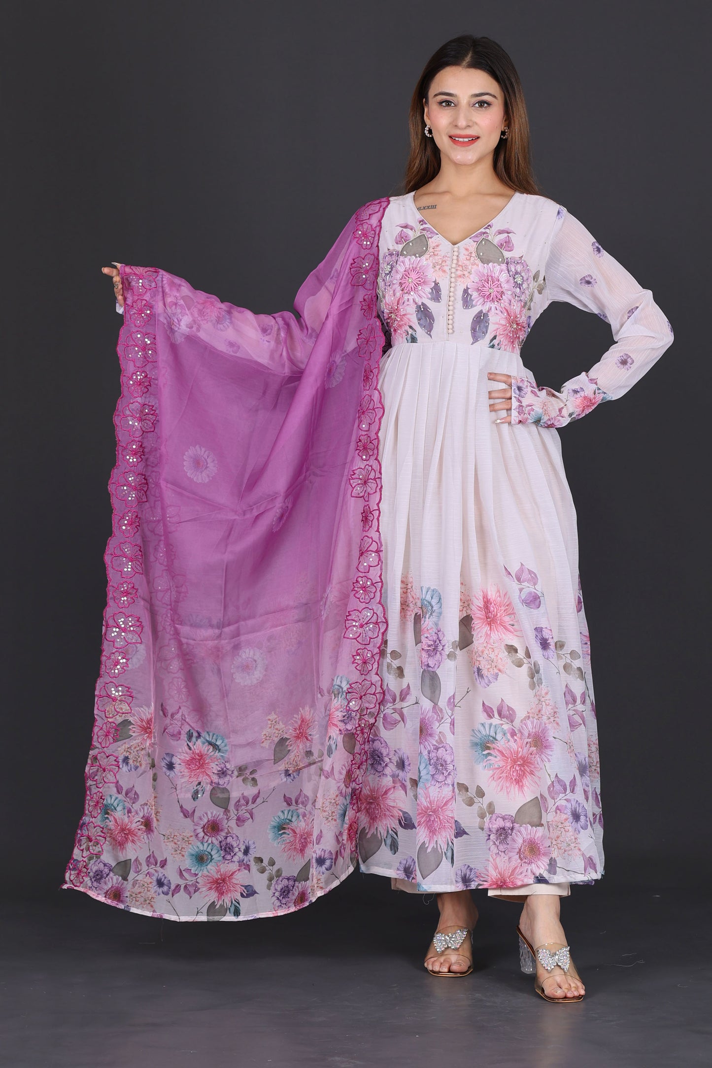 White &amp; Lavender Floral Anarkali Suit with Embroidered Magenta Dupatta
