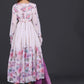 White &amp; Lavender Floral Anarkali Suit with Embroidered Magenta Dupatta
