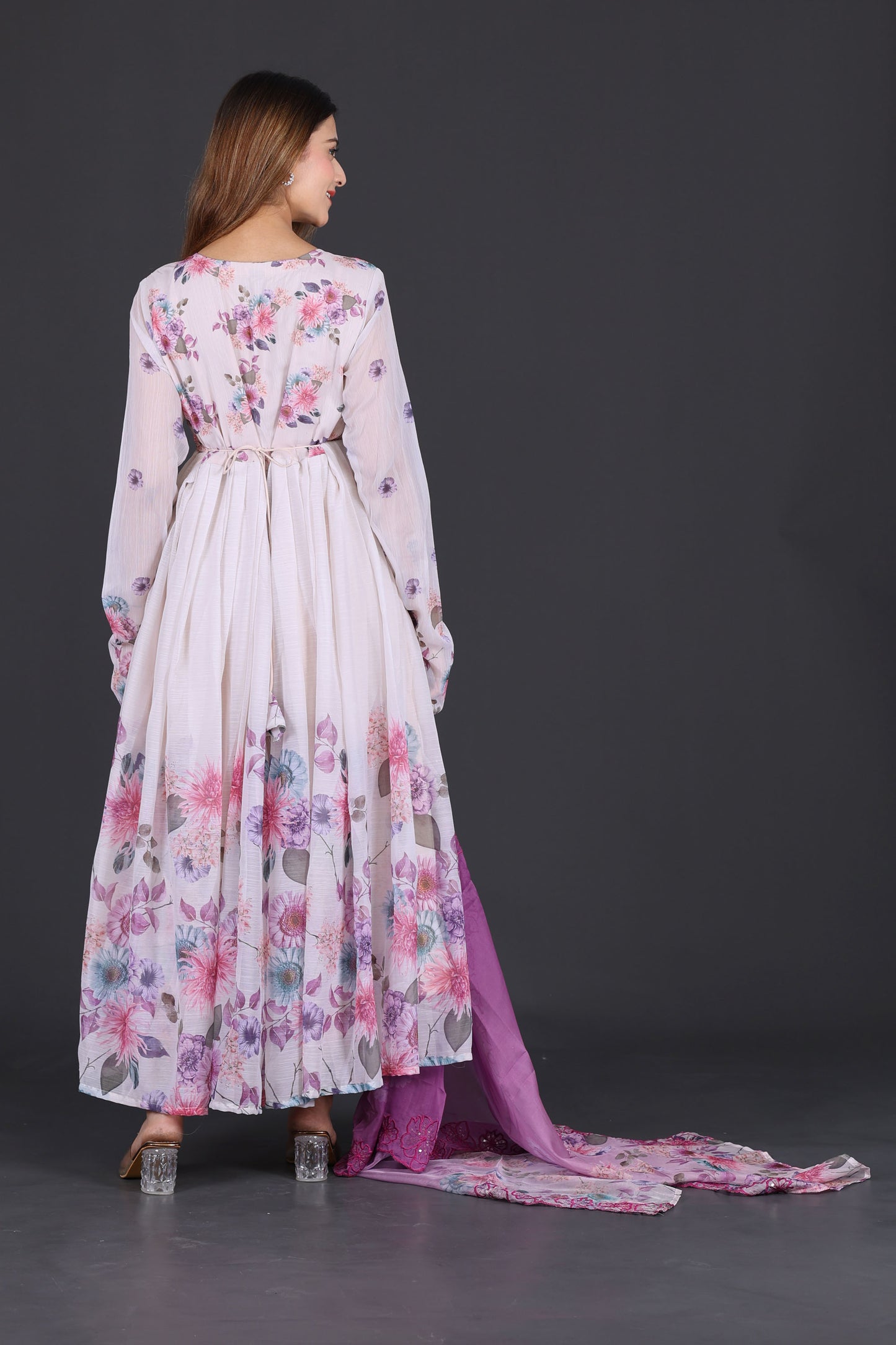 White &amp; Lavender Floral Anarkali Suit with Embroidered Magenta Dupatta