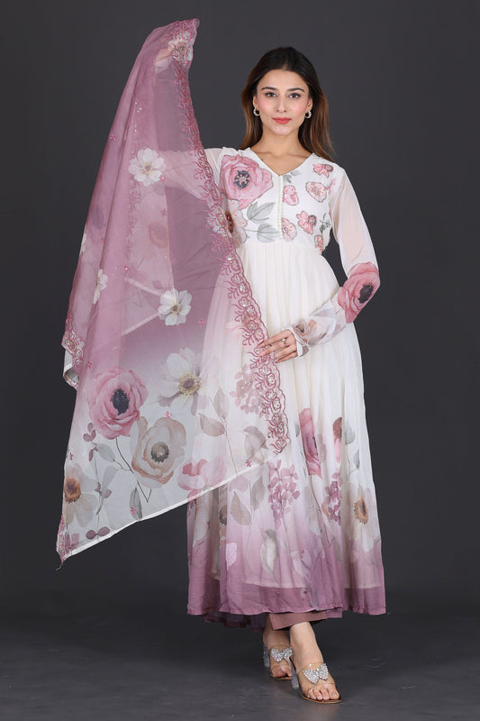 Elegant Mauve Floral Printed Anarkali Suit with Dupatta
