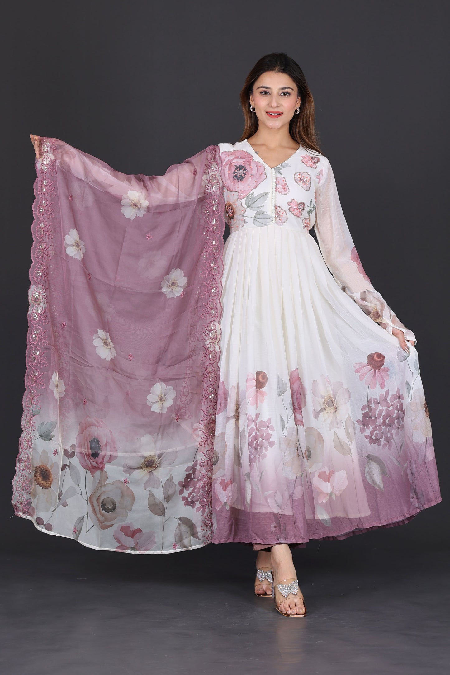 Elegant Mauve Floral Printed Anarkali Suit with Dupatta