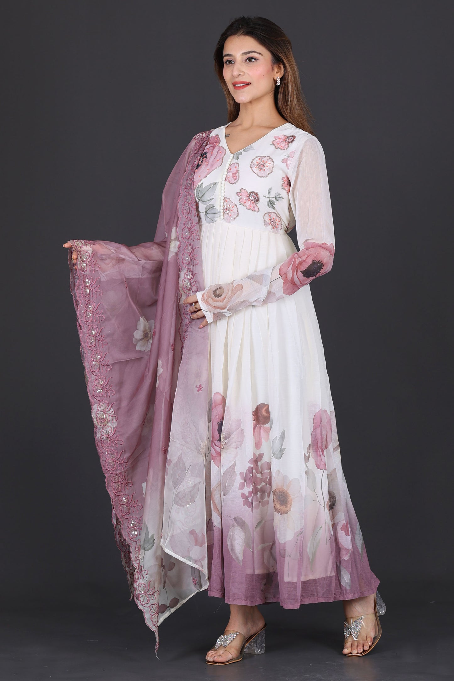 Elegant Mauve Floral Printed Anarkali Suit with Dupatta