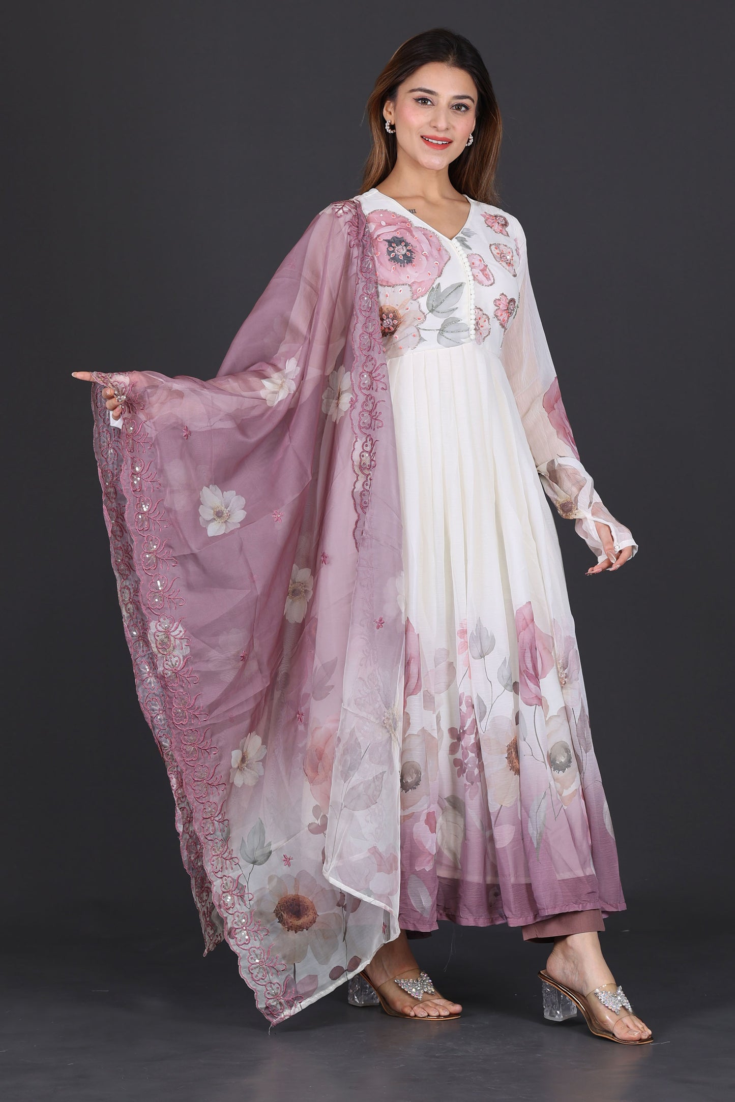 Elegant Mauve Floral Printed Anarkali Suit with Dupatta
