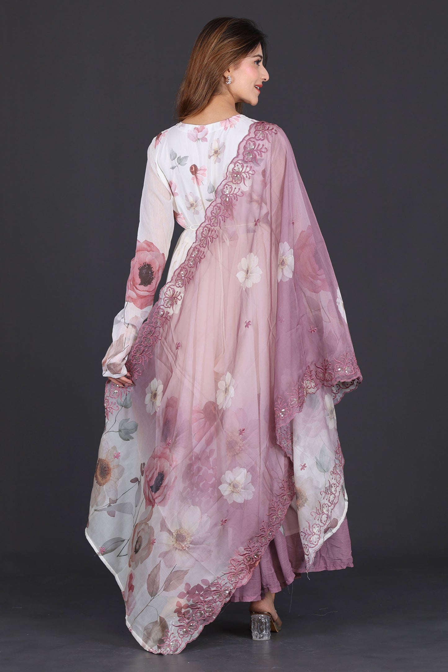 Elegant Mauve Floral Printed Anarkali Suit with Dupatta