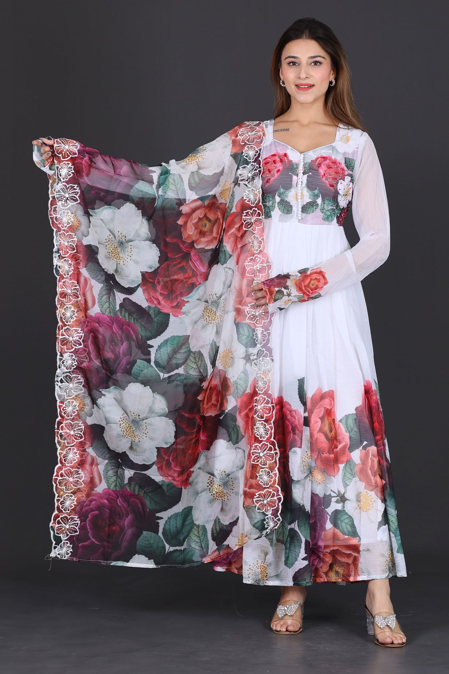 Elegant White Floral Anarkali Suit with Dupatta – Perfect for Festive &amp; Special Occasions