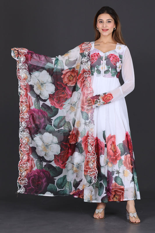 Elegant White Floral Anarkali Suit with Dupatta – Perfect for Festive &amp; Special Occasions