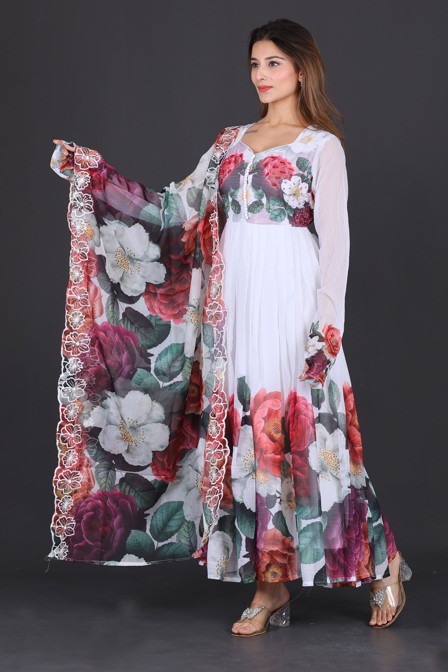 Elegant White Floral Anarkali Suit with Dupatta – Perfect for Festive &amp; Special Occasions