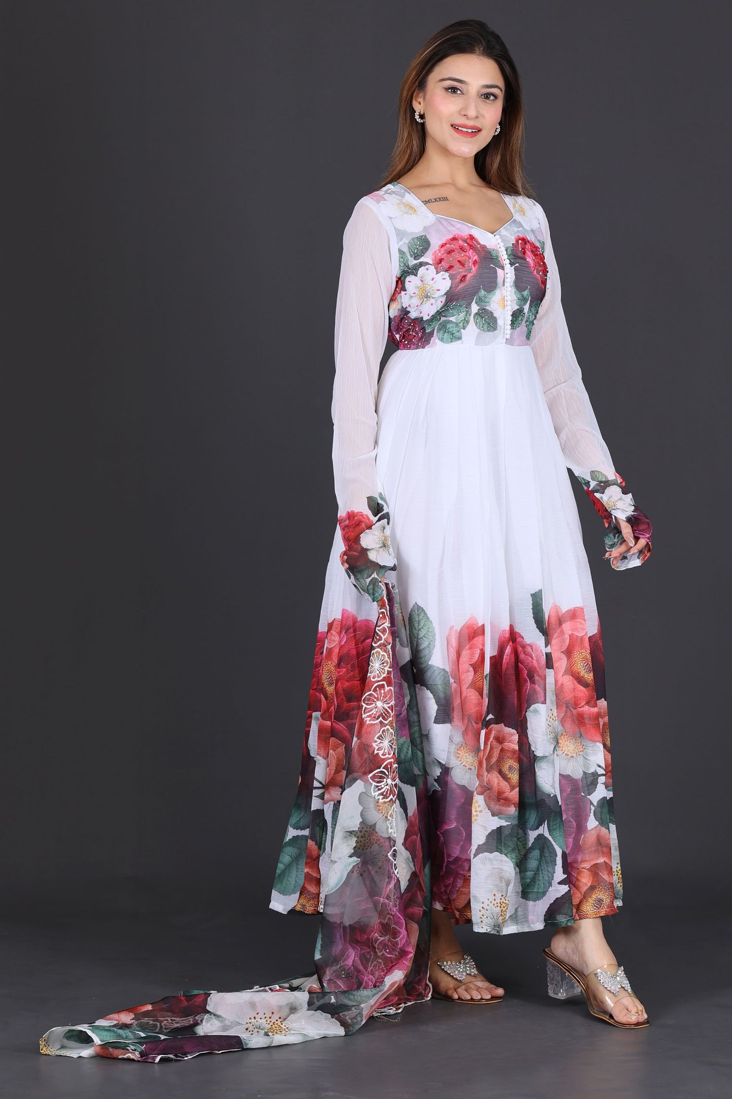 Elegant White Floral Anarkali Suit with Dupatta – Perfect for Festive &amp; Special Occasions