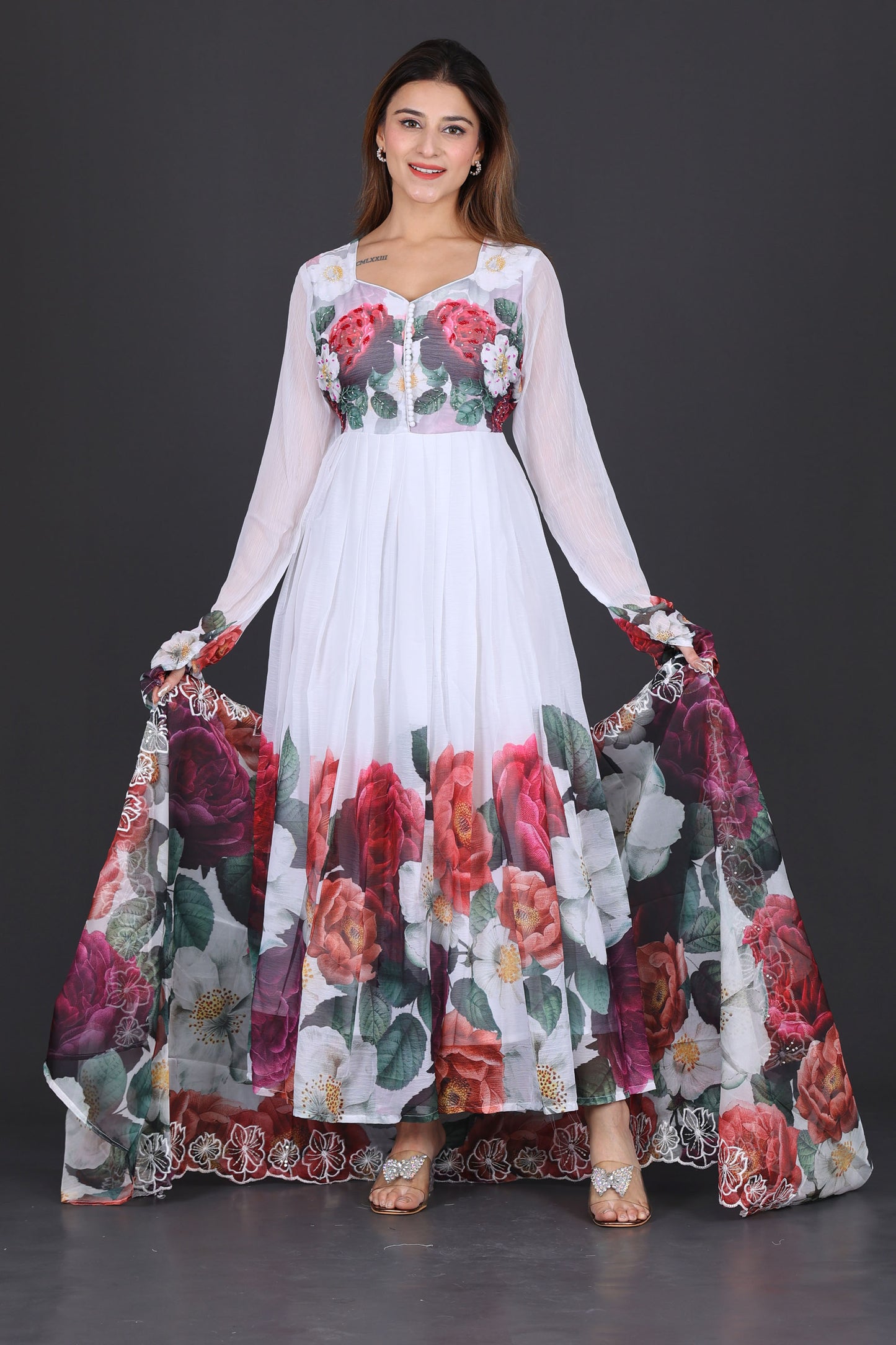 Elegant White Floral Anarkali Suit with Dupatta – Perfect for Festive &amp; Special Occasions