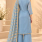 Powder Blue Embroidered Kurta Palazzo Set with Striped Dupatta for Women