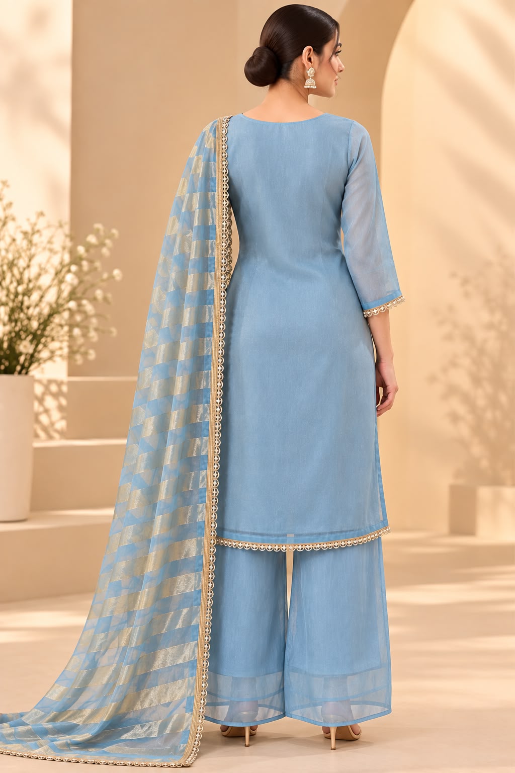 Powder Blue Embroidered Kurta Palazzo Set with Striped Dupatta for Women