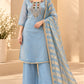 Powder Blue Embroidered Kurta Palazzo Set with Striped Dupatta for Women