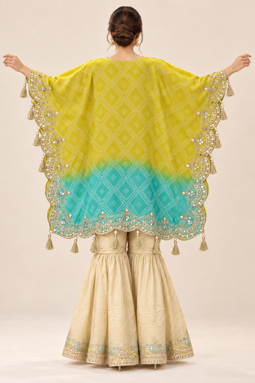 Yellow & Turquoise Embroidered Kaftan Sharara Set for Women | Fashion Raas