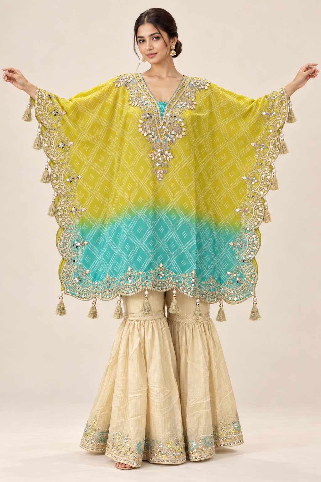 Yellow & Turquoise Embroidered Kaftan Sharara Set for Women | Fashion Raas