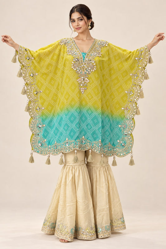 Yellow & Turquoise Embroidered Kaftan Sharara Set for Women | Fashion Raas