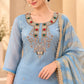 Powder Blue Embroidered Kurta Palazzo Set with Striped Dupatta for Women