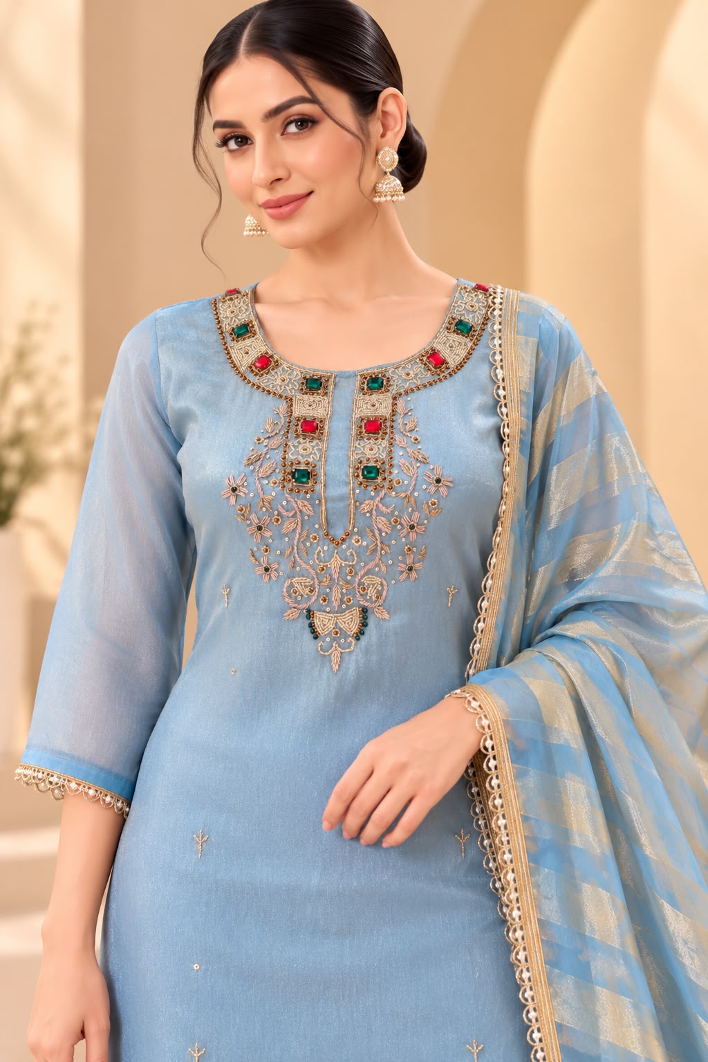 Powder Blue Embroidered Kurta Palazzo Set with Striped Dupatta for Women