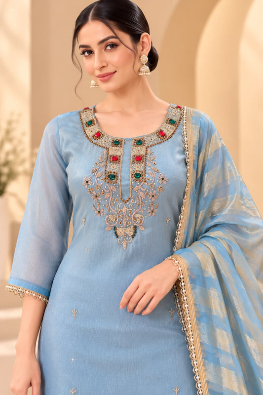 Powder Blue Embroidered Kurta Palazzo Set with Striped Dupatta for Women