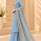 Powder Blue Embroidered Kurta Palazzo Set with Striped Dupatta for Women